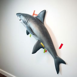 A large, realistic shark appearing to be peacefully sleeping while being attached to a pristine white wall with colorful adhesive tape