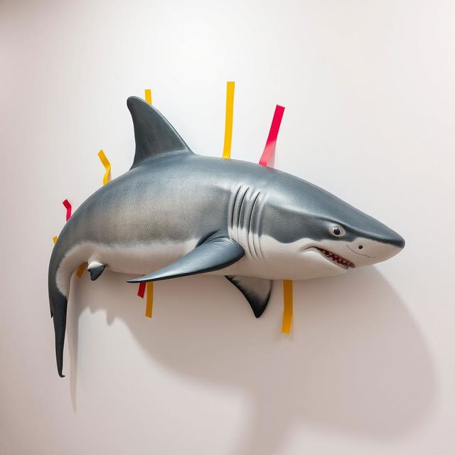 A large, realistic shark appearing to be peacefully sleeping while being attached to a pristine white wall with colorful adhesive tape