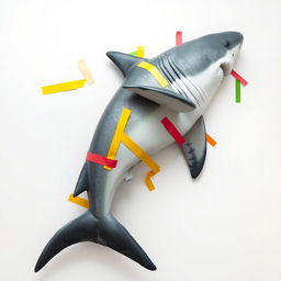 A large, realistic shark appearing to be peacefully sleeping while being attached to a pristine white wall with colorful adhesive tape