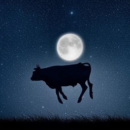 A playful cow gracefully leaping over a glowing full moon against a starry night sky.