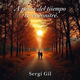 A romantic and melancholic scene for a book cover titled 'Camino en Otoño', infused with nostalgia