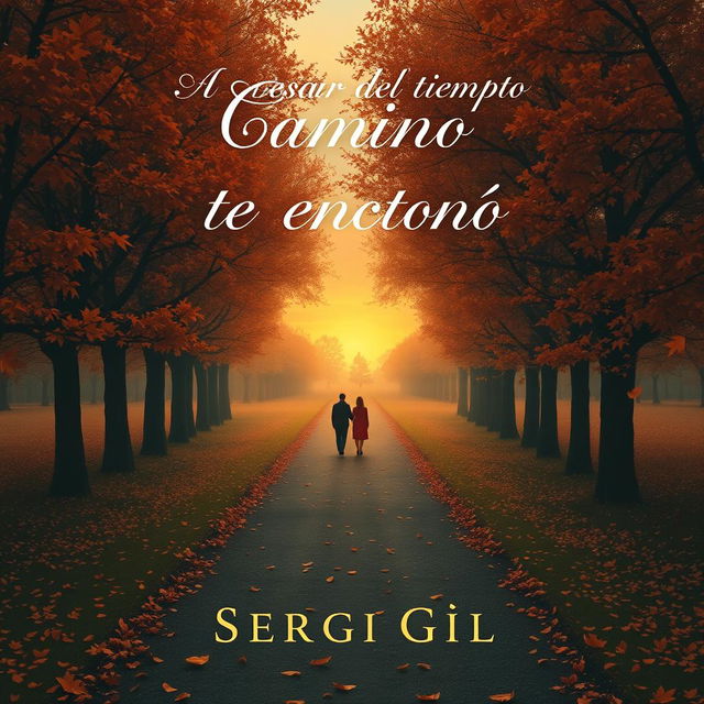 A romantic and melancholic scene for a book cover titled 'Camino en Otoño', infused with nostalgia