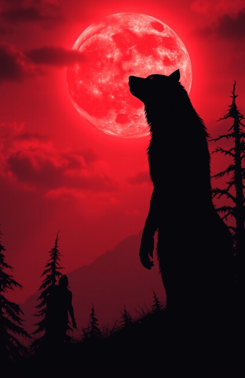 A dramatic scene depicting a werewolf and vampires, with dominant colors of red and black