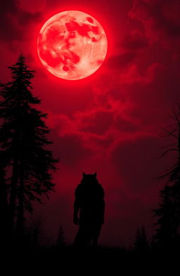 A dramatic scene depicting a werewolf and vampires, with dominant colors of red and black