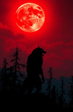 A dramatic scene depicting a werewolf and vampires, with dominant colors of red and black