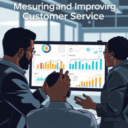 An informative image designed for an e-book showcasing graphs and metrics related to measuring and improving customer service