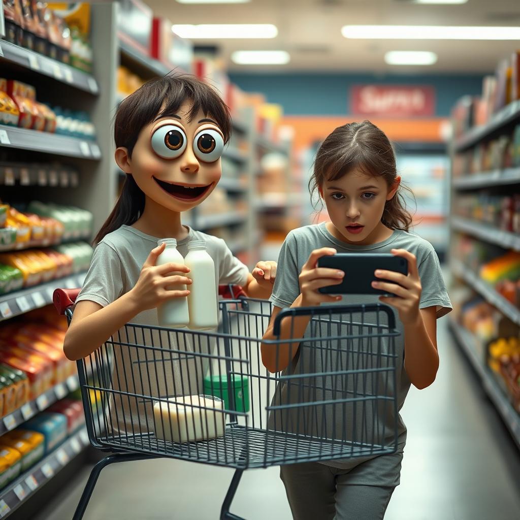 A photorealistic scene in a supermarket featuring a living shopping cart