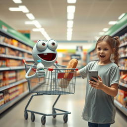 A photorealistic scene in a supermarket featuring a living shopping cart