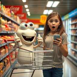 A photorealistic scene in a supermarket featuring a living shopping cart