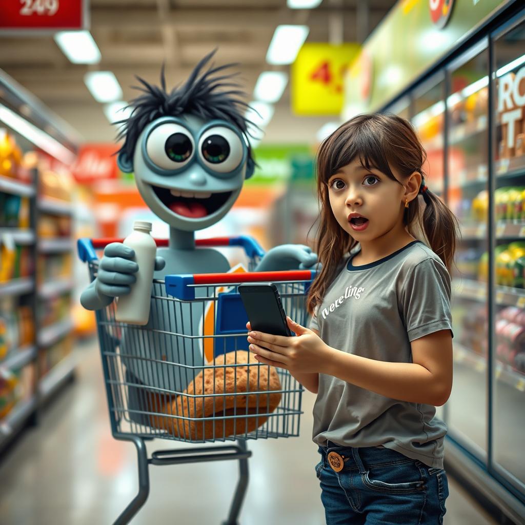 A photorealistic scene in a supermarket featuring a living shopping cart