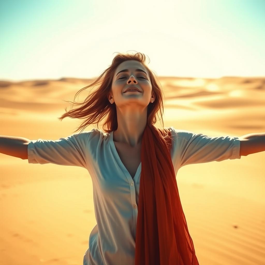 A serene woman with her arms open in a prayerful gesture, standing in a vast desert landscape