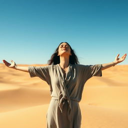 A serene woman with her arms open in a prayerful gesture, standing in a vast desert landscape