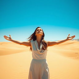 A serene woman with her arms open in a prayerful gesture, standing in a vast desert landscape