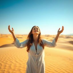 A serene woman with her arms open in a prayerful gesture, standing in a vast desert landscape