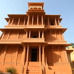 West-facing Indian-style building elevation, 22 feet wide and 40 feet tall, featuring a staircase and building entrance on the right side.