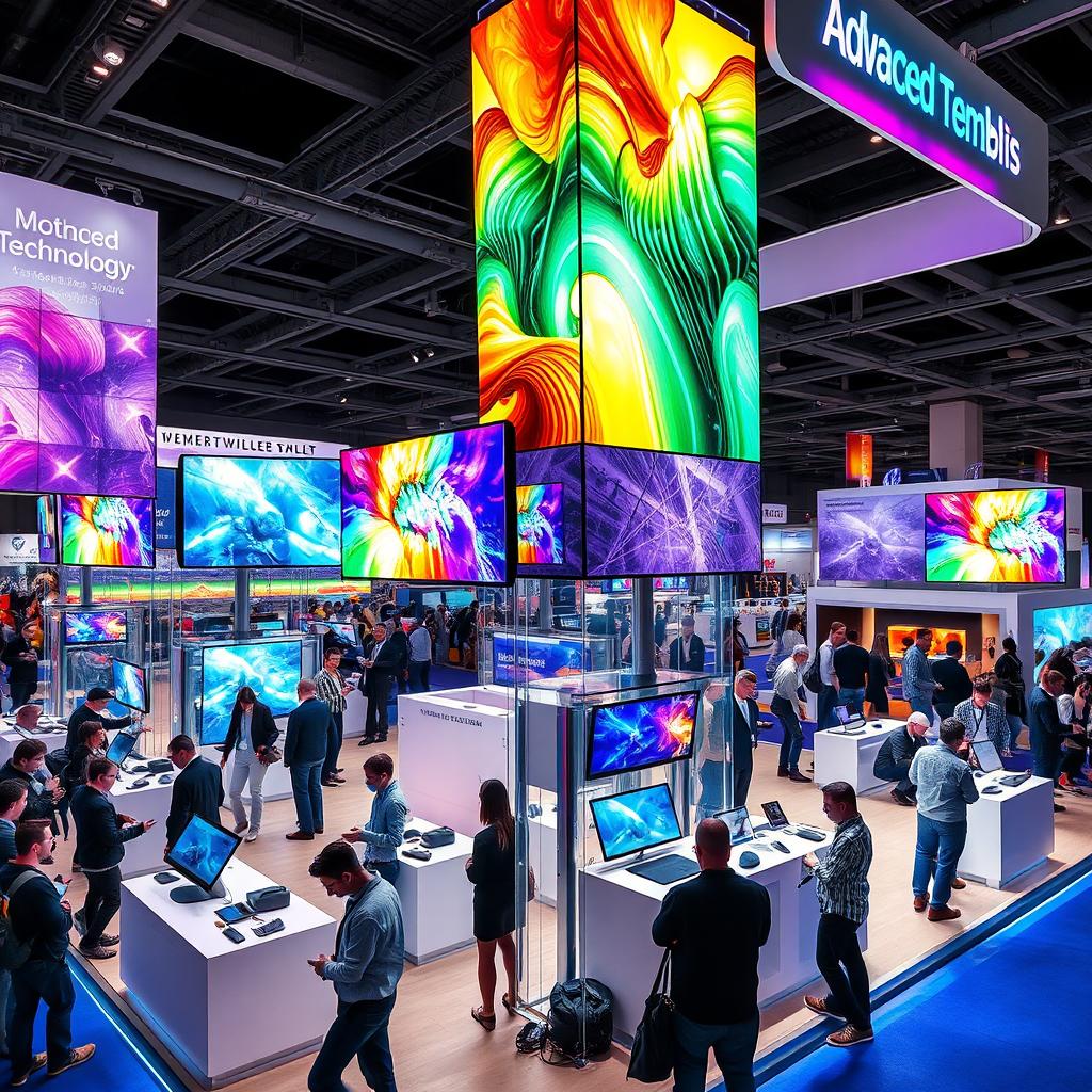 A modern convention stand showcasing advanced technology, adorned with multiple vibrant LED screens displaying dynamic visuals