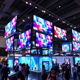 A modern convention stand showcasing advanced technology, adorned with multiple vibrant LED screens displaying dynamic visuals