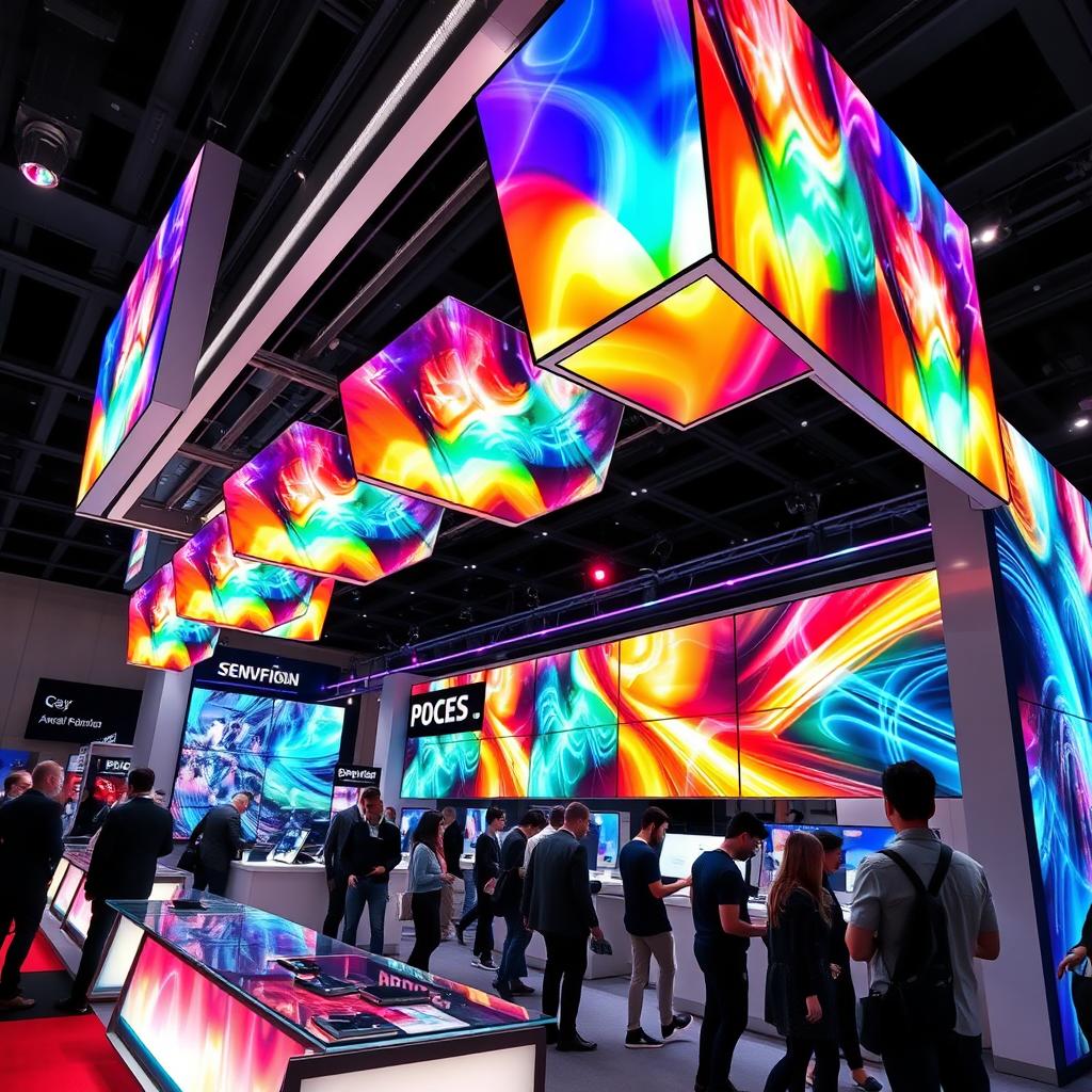 A modern convention stand showcasing advanced technology, adorned with multiple vibrant LED screens displaying dynamic visuals