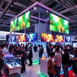 A modern convention stand showcasing advanced technology, adorned with multiple vibrant LED screens displaying dynamic visuals