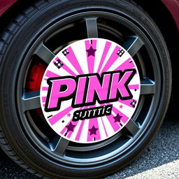 A stylish and eye-catching sticker designed specifically for a car wheel, showcasing a bright pink theme