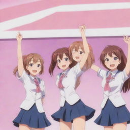 Doki Doki Literature Club characters Monika, Yuri, Natsuki, and Sayori appear in an anime style image, they are seen celebrating with a large banner in the background.