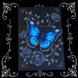 An impressive book cover featuring a vibrant blue butterfly ensnared by thorny black roses