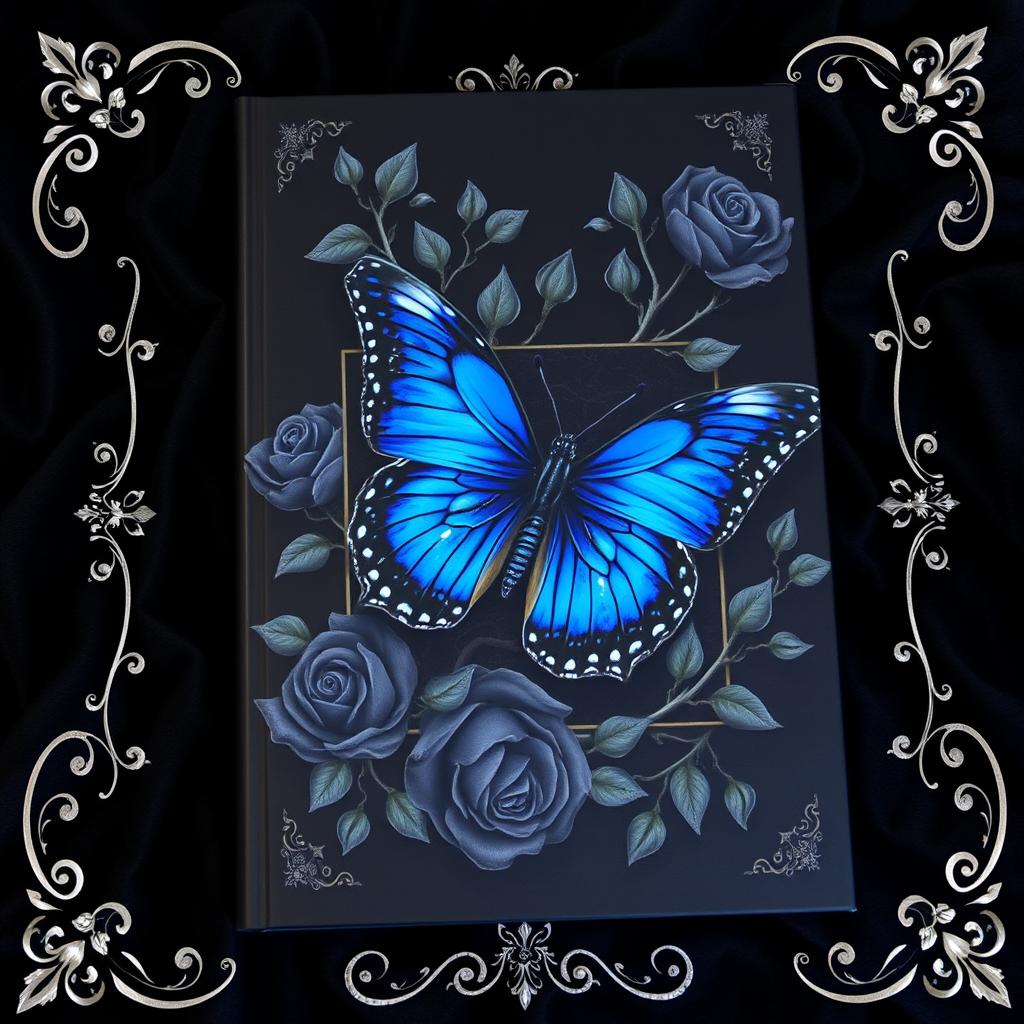 An impressive book cover featuring a vibrant blue butterfly ensnared by thorny black roses