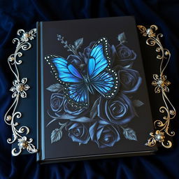 An impressive book cover featuring a vibrant blue butterfly ensnared by thorny black roses