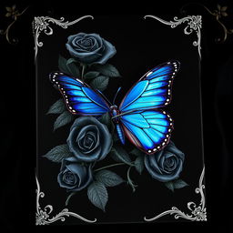 An impressive book cover featuring a vibrant blue butterfly ensnared by thorny black roses