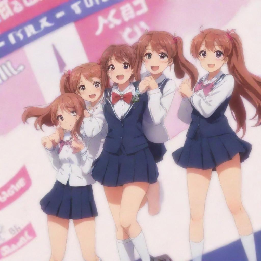 Doki Doki Literature Club characters Monika, Yuri, Natsuki, and Sayori appear in an anime style image, they are seen celebrating with a large banner in the background.