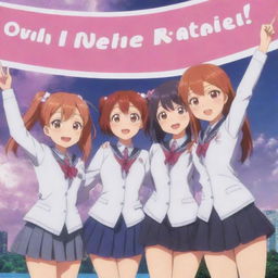 Doki Doki Literature Club characters Monika, Yuri, Natsuki, and Sayori appear in an anime style image, they are seen celebrating with a large banner in the background.