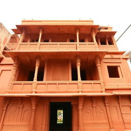 West-facing Indian-style building elevation, 22 feet wide and 40 feet tall, featuring a staircase and building entrance on the right side.