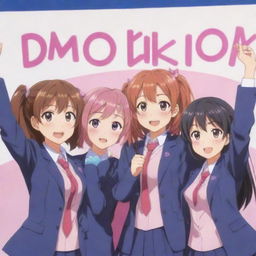 Doki Doki Literature Club characters Monika, Yuri, Natsuki, and Sayori appear in an anime style image, they are seen celebrating with a large banner in the background.