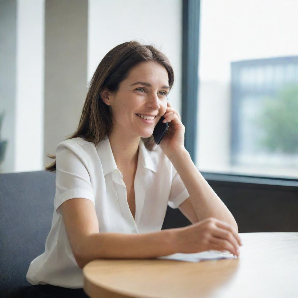 A woman engaged in a conversation on a modern phone, sitting comfortably in a relaxed environment