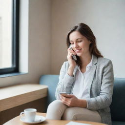 A woman engaged in a conversation on a modern phone, sitting comfortably in a relaxed environment