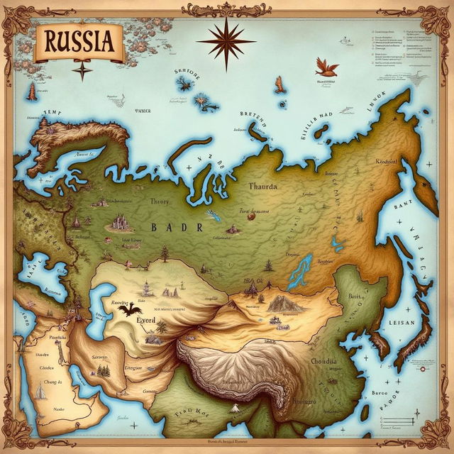 A detailed and artistic map of Russia, showcasing its vast landscape with various geographical features