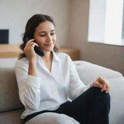 A woman engaged in a conversation on a modern phone, sitting comfortably in a relaxed environment