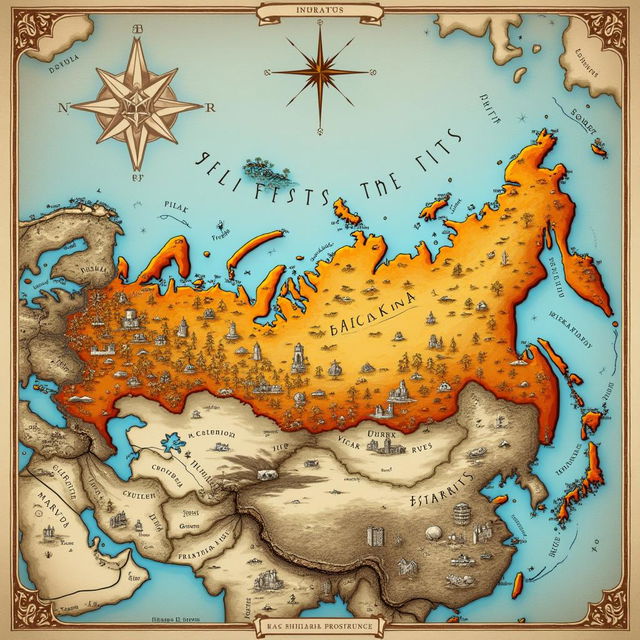 A detailed and artistic map of Russia, highlighting its expansive territory and diverse geographical features