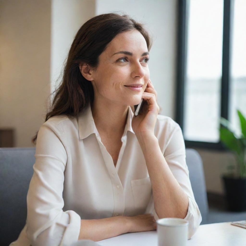 A woman engaged in a conversation on a modern phone, sitting comfortably in a relaxed environment