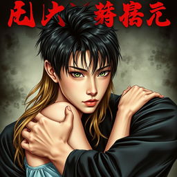 An impressive book cover featuring a Japanese man with black hair and light brown eyes, broad shoulders, wearing a black shirt