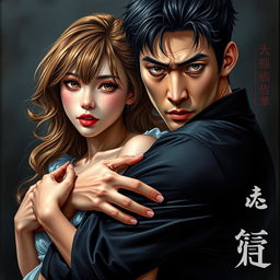 An impressive book cover featuring a Japanese man with black hair and light brown eyes, broad shoulders, wearing a black shirt