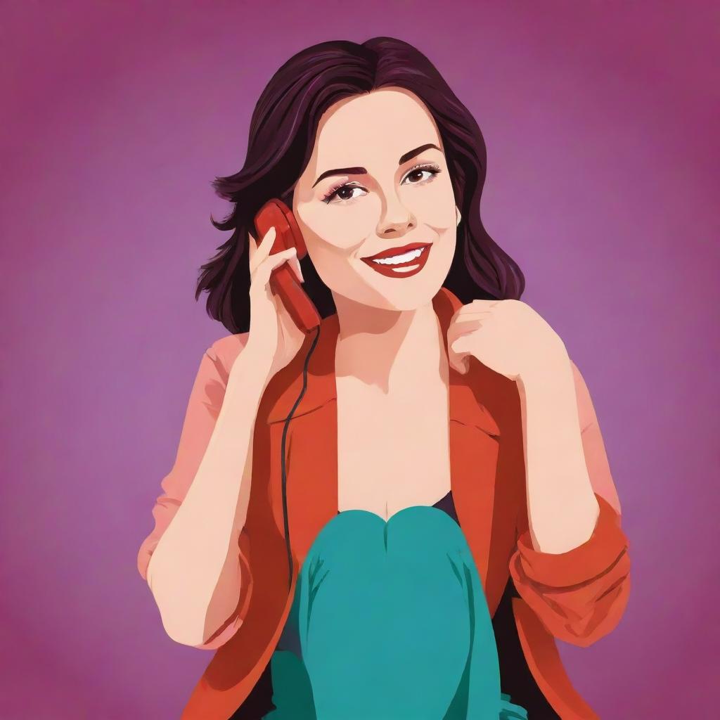 Create a vector illustration of a woman sitting while talking on the phone, with attention to detail and use of vibrant colors