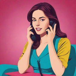 Create a vector illustration of a woman sitting while talking on the phone, with attention to detail and use of vibrant colors