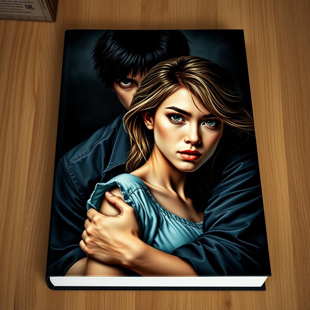 An impressive book cover featuring a Japanese man with black hair and light brown eyes, broad shoulders, wearing a black shirt, embracing a woman with honey-colored hair, aqua-green eyes, freckles below her eyes, dressed in a light blue dress