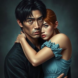 An impressive book cover featuring a Japanese man with black hair and light brown eyes, broad shoulders, wearing a black shirt, embracing a woman with honey-colored hair, aqua-green eyes, freckles below her eyes, dressed in a light blue dress