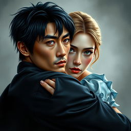 An impressive book cover featuring a Japanese man with black hair and light brown eyes, broad shoulders, wearing a black shirt, embracing a woman with honey-colored hair, aqua-green eyes, freckles below her eyes, dressed in a light blue dress