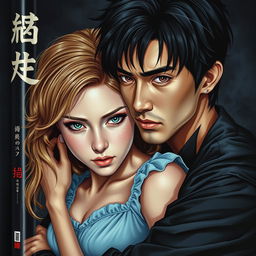 An impressive book cover featuring a Japanese man with black hair and light brown eyes, broad shoulders, wearing a black shirt, embracing a woman with honey-colored hair, aqua-green eyes, freckles below her eyes, dressed in a light blue dress