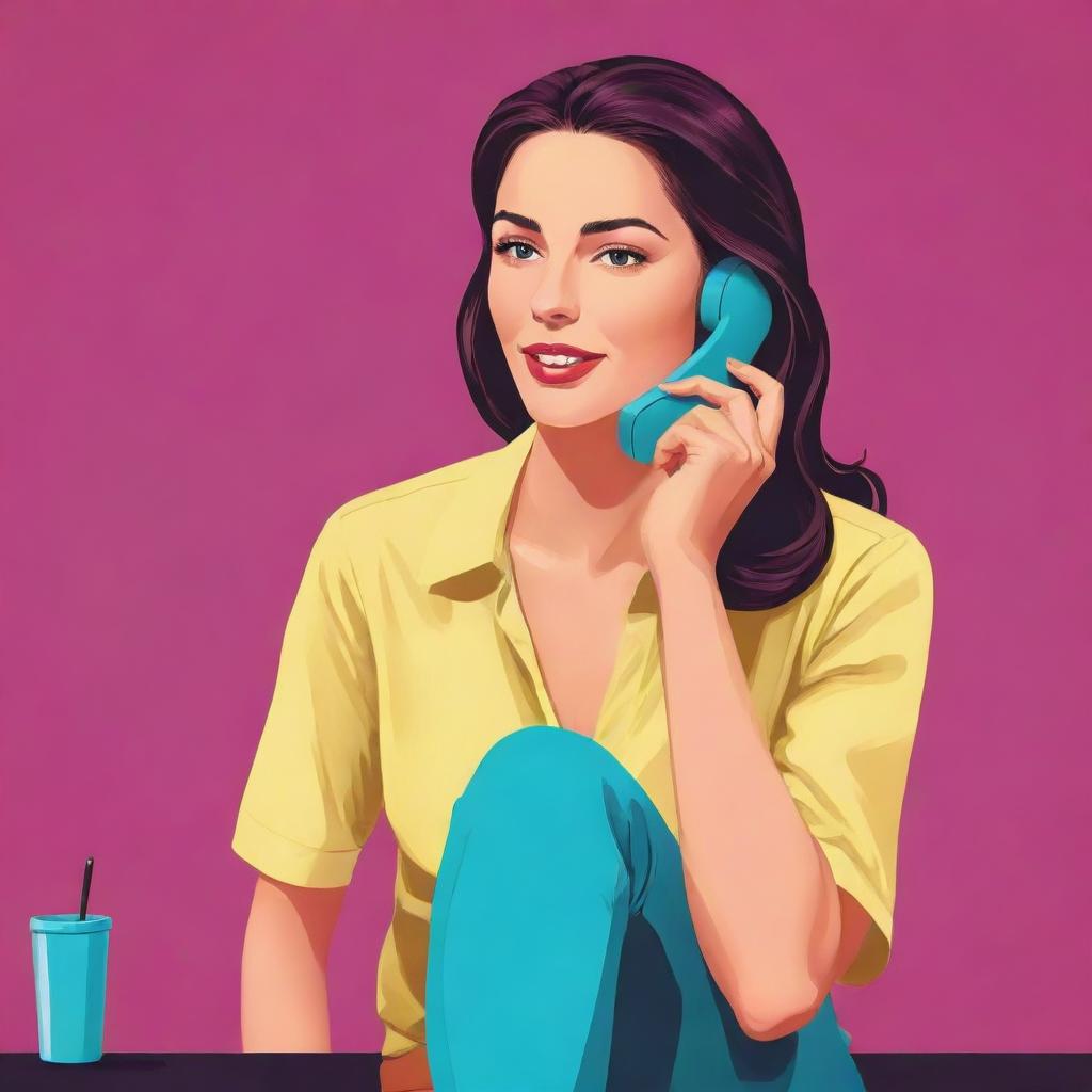 Create a vector illustration of a woman sitting while talking on the phone, with attention to detail and use of vibrant colors