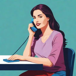 Create a vector illustration of a woman sitting while talking on the phone, with attention to detail and use of vibrant colors