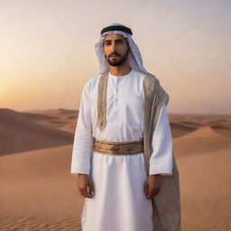 A strong, handsome Arab man dressed in traditional attire, standing confidently amidst the vast desert landscape at sunset